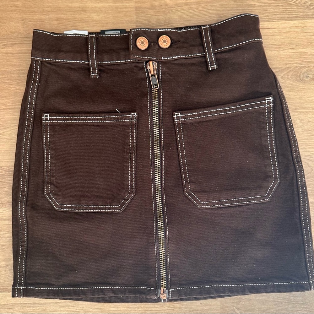 Reformation Anna Patch Pocket Denim Mini Skirt in Brown Brand NWOT 23” - Picture 2 of 7